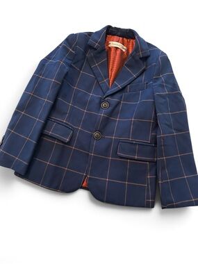 Boys' Navy Windowpane Blazer with Orange Lining
